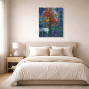 Gallery-wrapped canvas print of Marc Chagall's Scene Champetre displayed on a wall in a bedroom