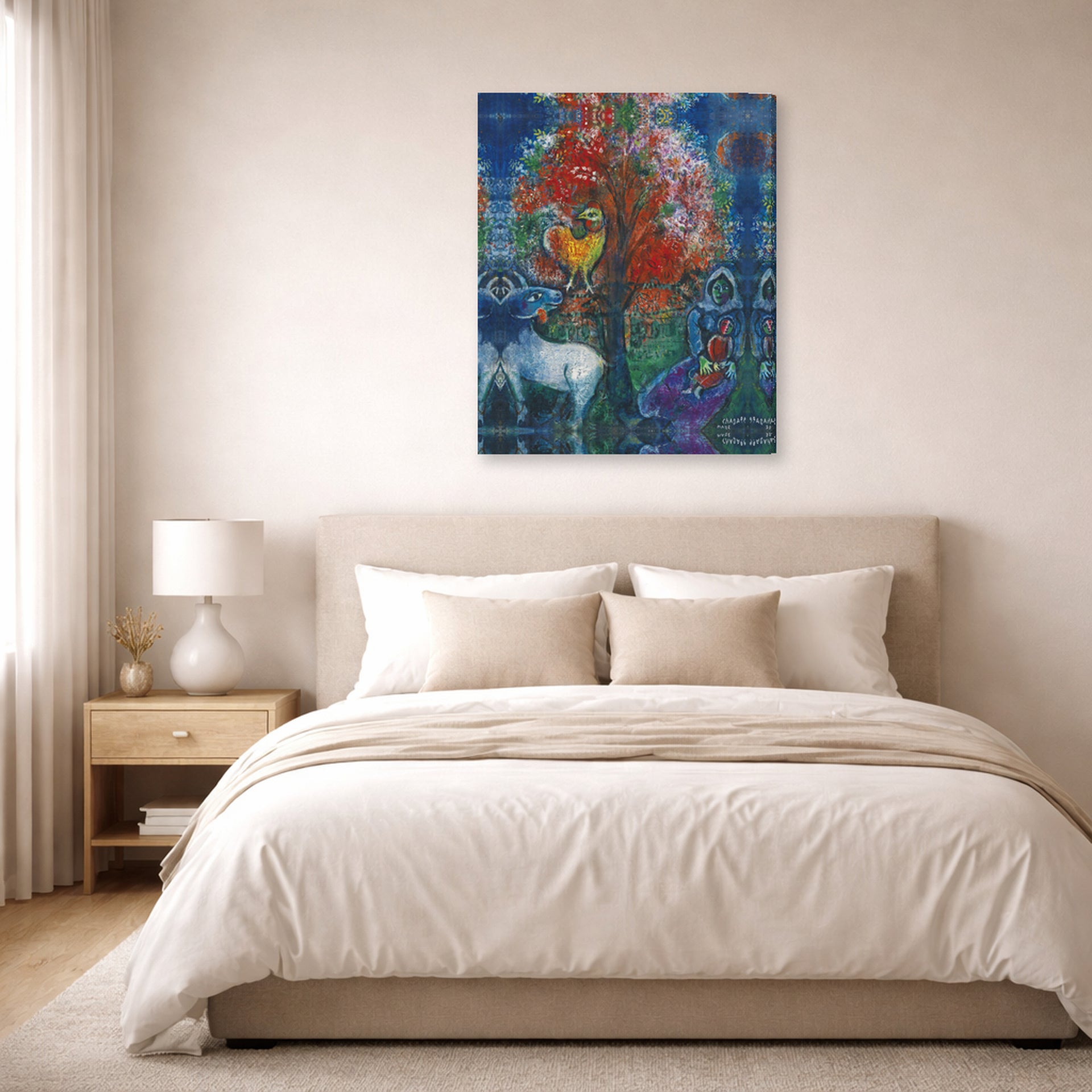 Gallery-wrapped canvas print of Marc Chagall's Scene Champetre displayed on a wall in a bedroom