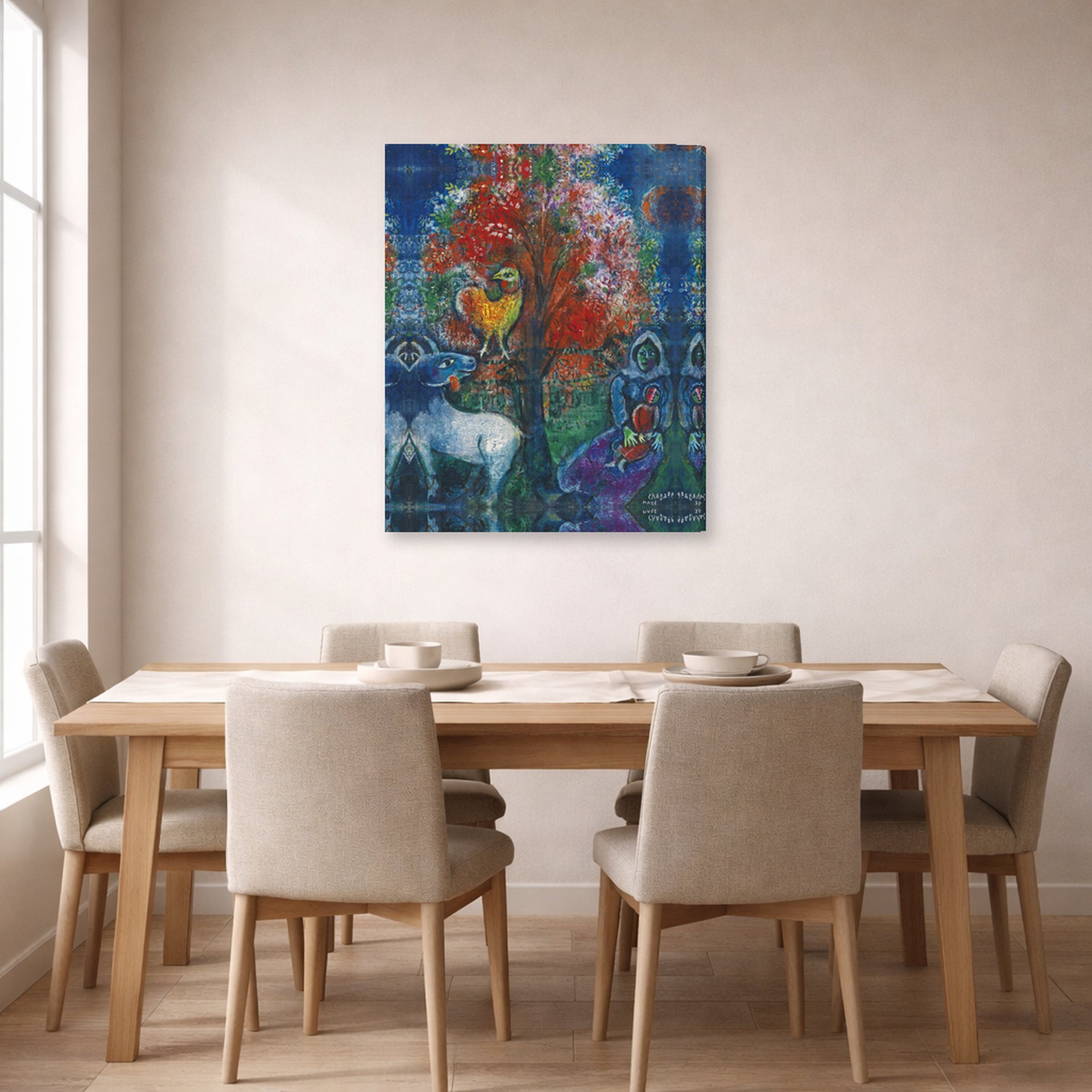 Gallery-wrapped canvas print of Marc Chagall's Scene Champetre displayed on a wall in a dining room