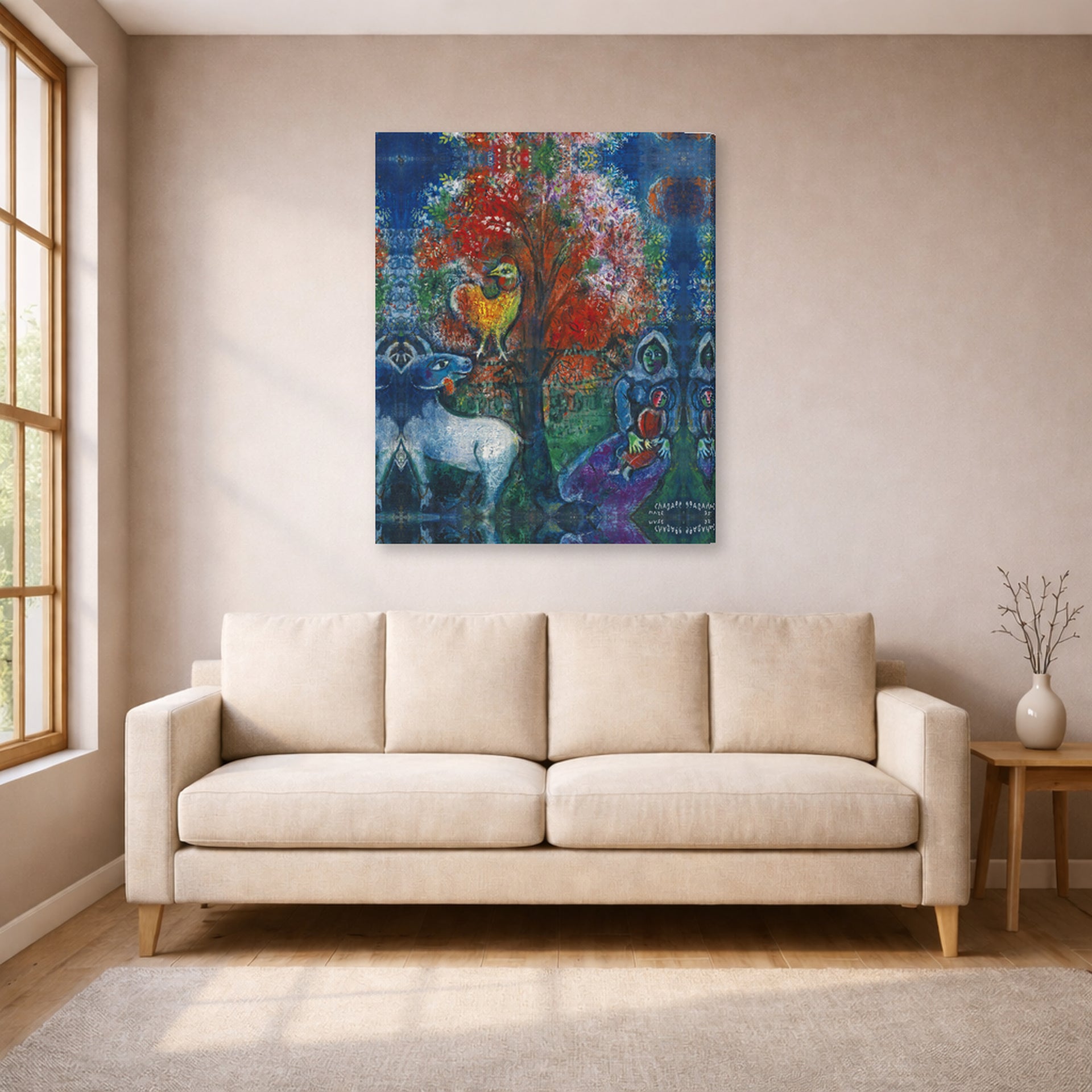 Gallery-wrapped canvas print of Marc Chagall's Scene Champetre displayed on a wall in a living room