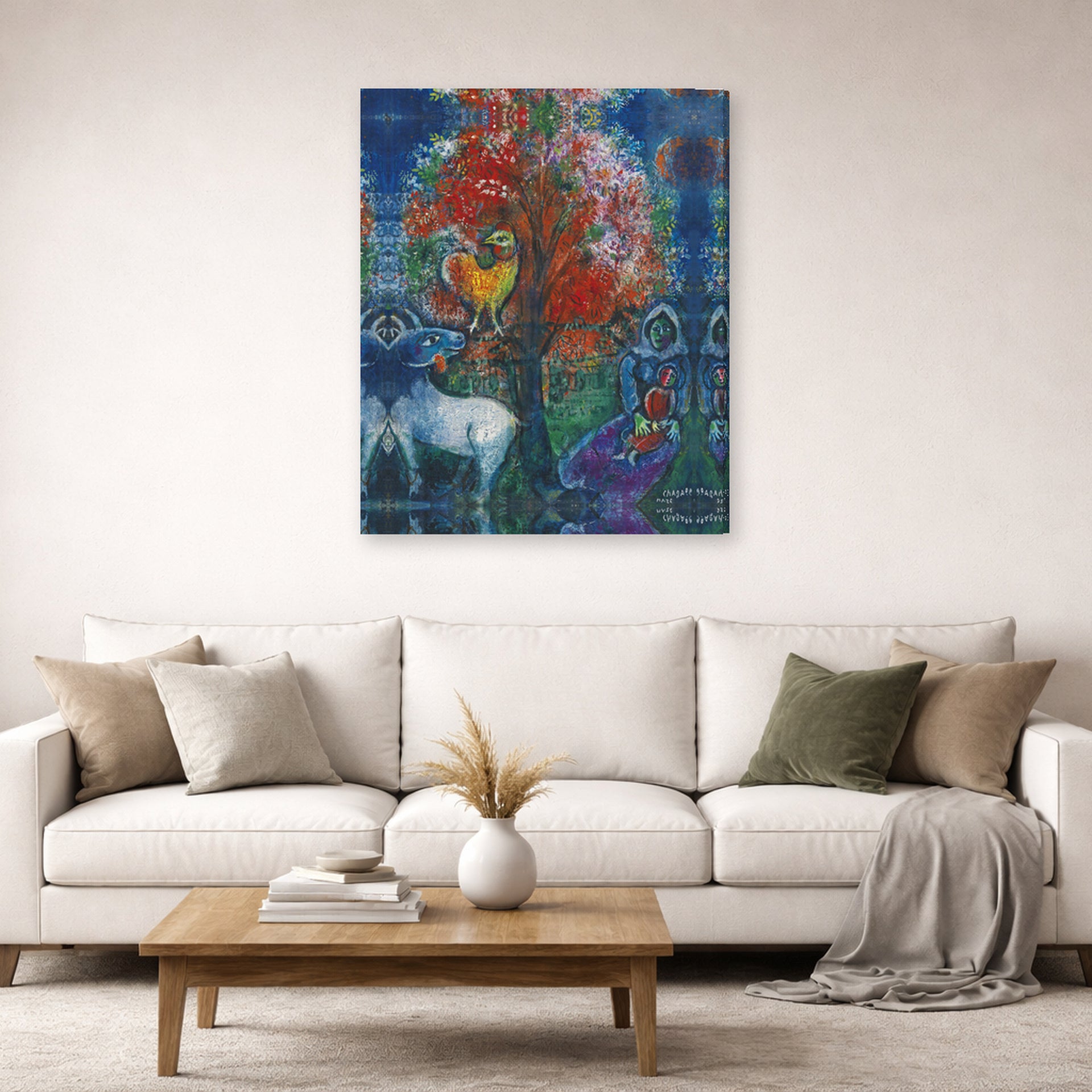 Gallery-wrapped canvas print of Marc Chagall's Scene Champetre displayed on a wall in a living room