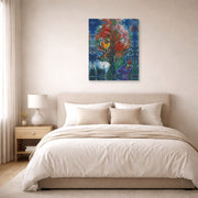 Unframed poster print of Marc Chagall's Scene Champetre displayed on a wall in a bedroom