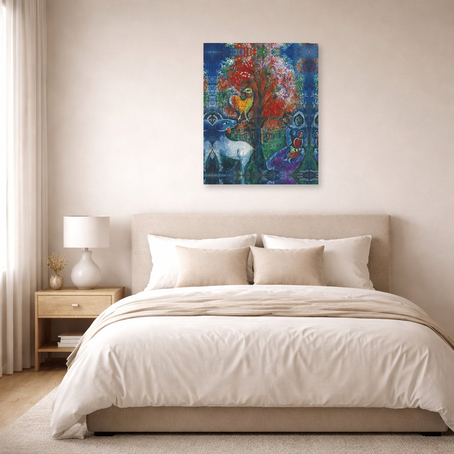 Unframed poster print of Marc Chagall's Scene Champetre displayed on a wall in a bedroom