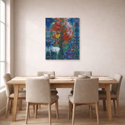 Unframed poster print of Marc Chagall's Scene Champetre displayed on a wall in a dining room