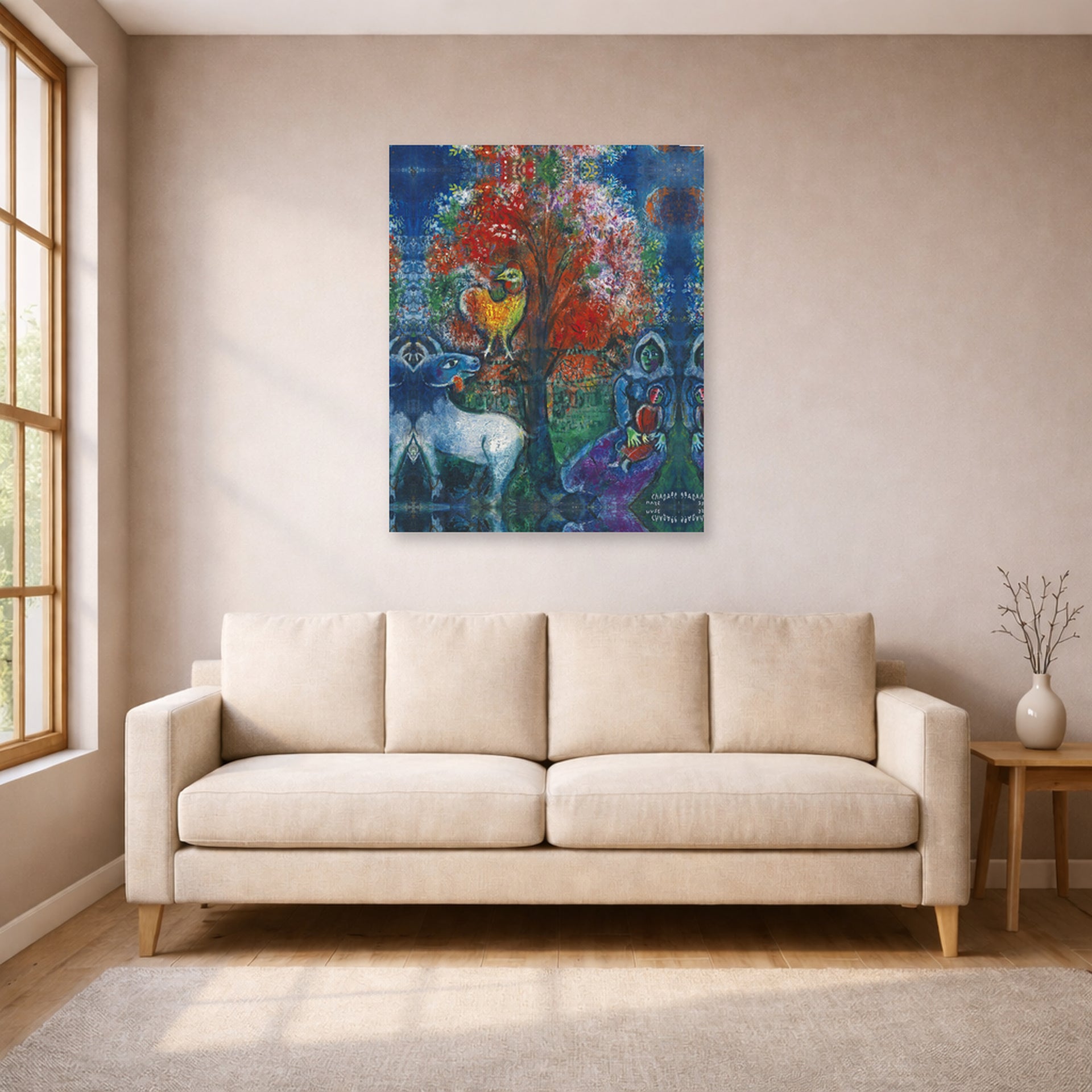 Unframed poster print of Marc Chagall's Scene Champetre displayed on a wall in a living room
