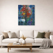 Unframed poster print of Marc Chagall's Scene Champetre displayed on a wall in a living room