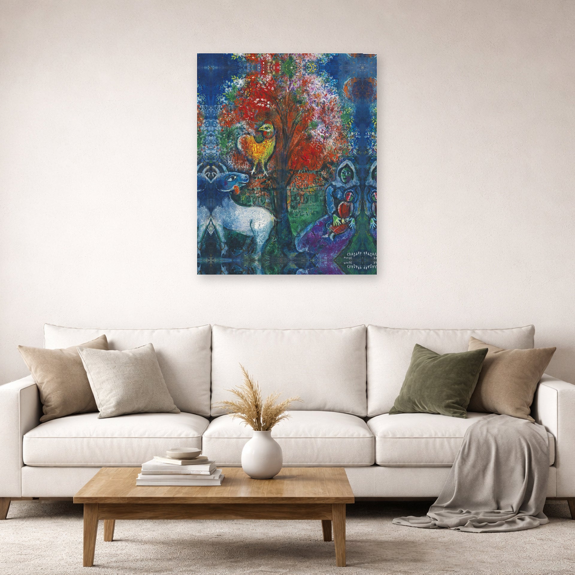 Unframed poster print of Marc Chagall's Scene Champetre displayed on a wall in a living room