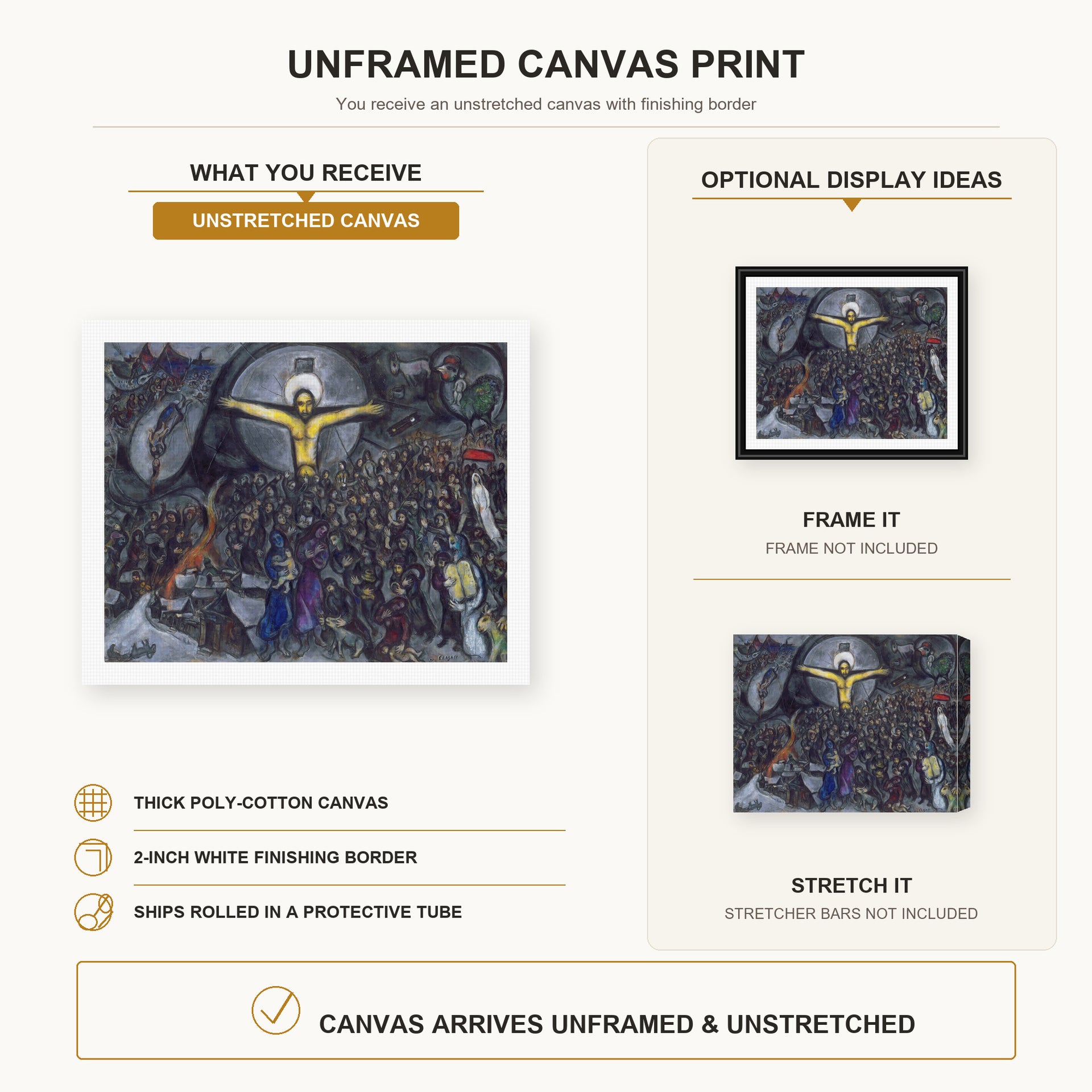 Marc Chagall - The Exodus canvas print size comparison and framing display infographic