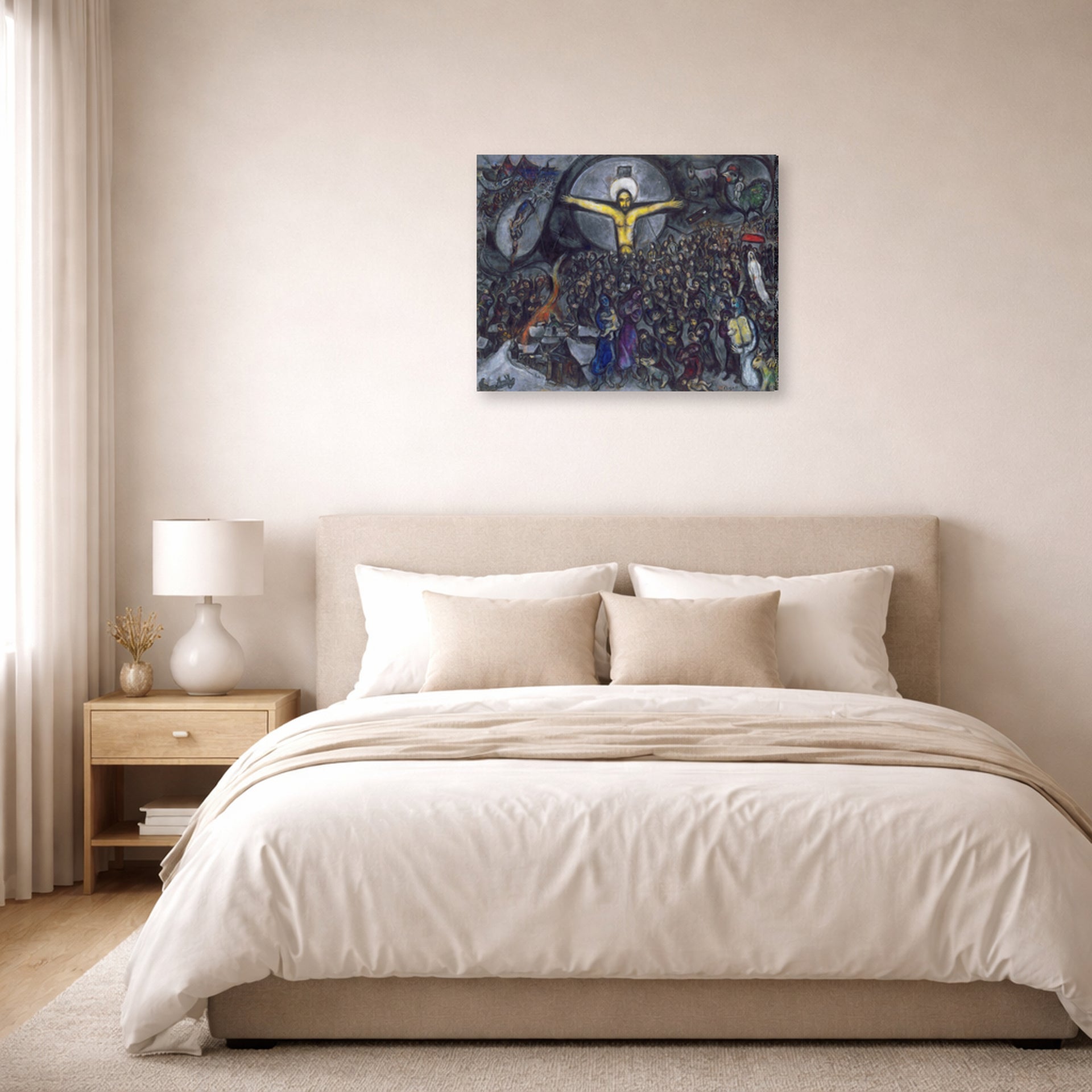 Gallery-wrapped canvas print of Marc Chagall's The Exodus displayed on a wall in a bedroom
