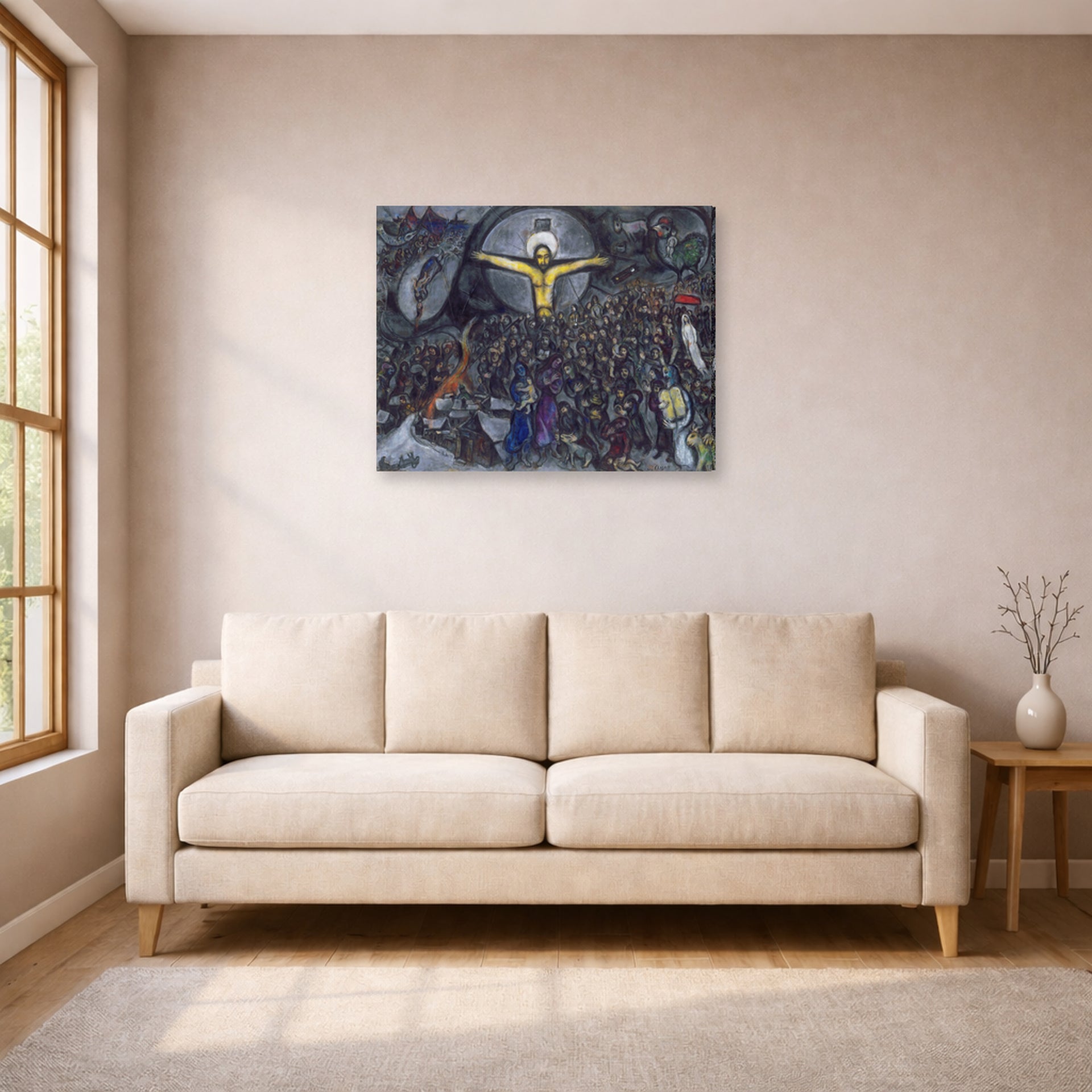 Gallery-wrapped canvas print of Marc Chagall's The Exodus displayed on a wall in a living room