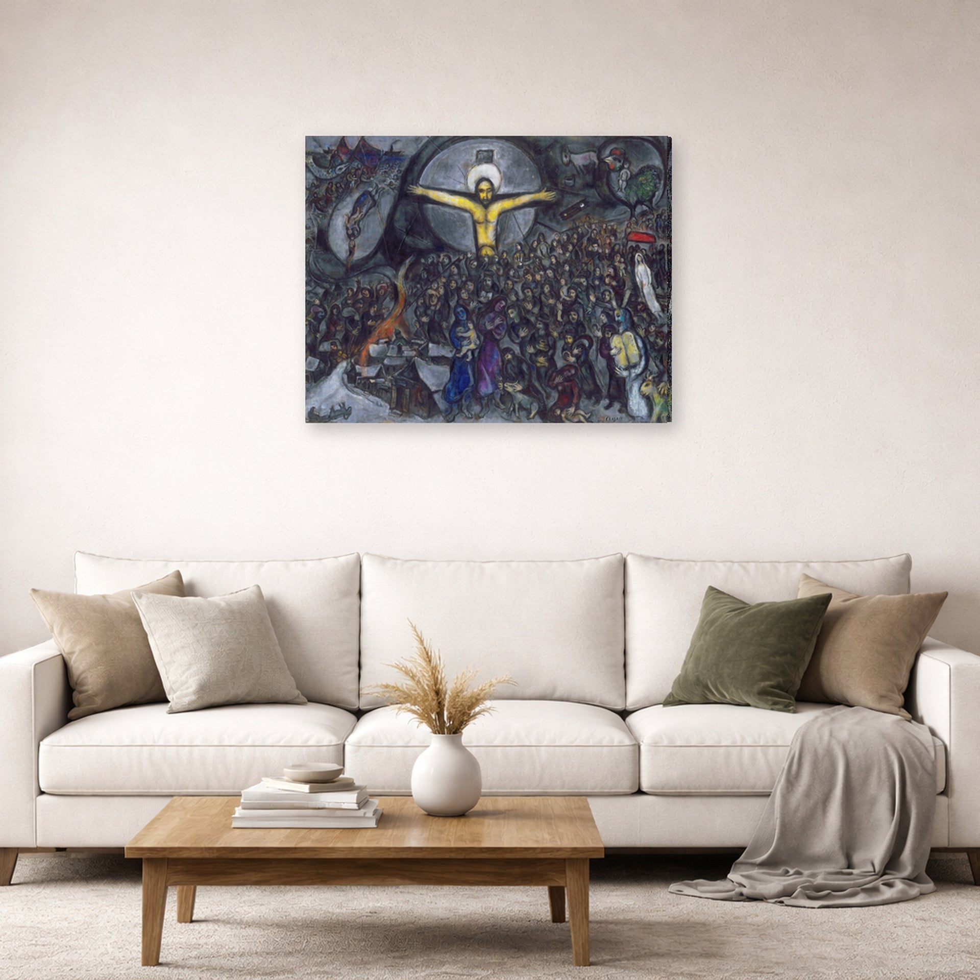 Gallery-wrapped canvas print of Marc Chagall's The Exodus displayed on a wall in a living room