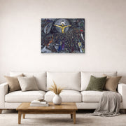 Unframed poster print of Marc Chagall's The Exodus displayed on a wall in a living room