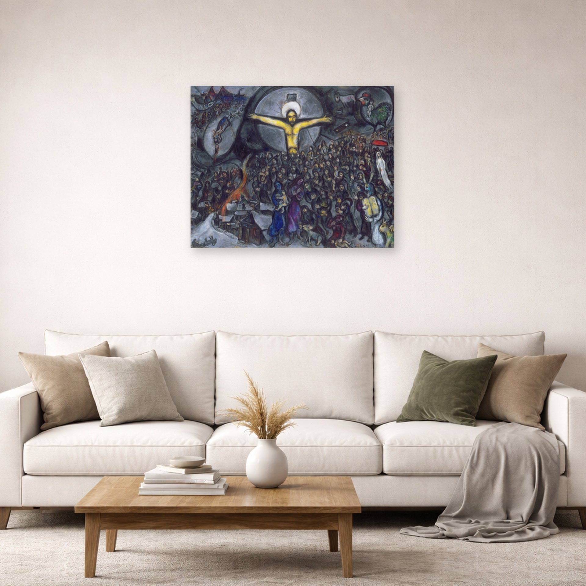 Unframed poster print of Marc Chagall's The Exodus displayed on a wall in a living room
