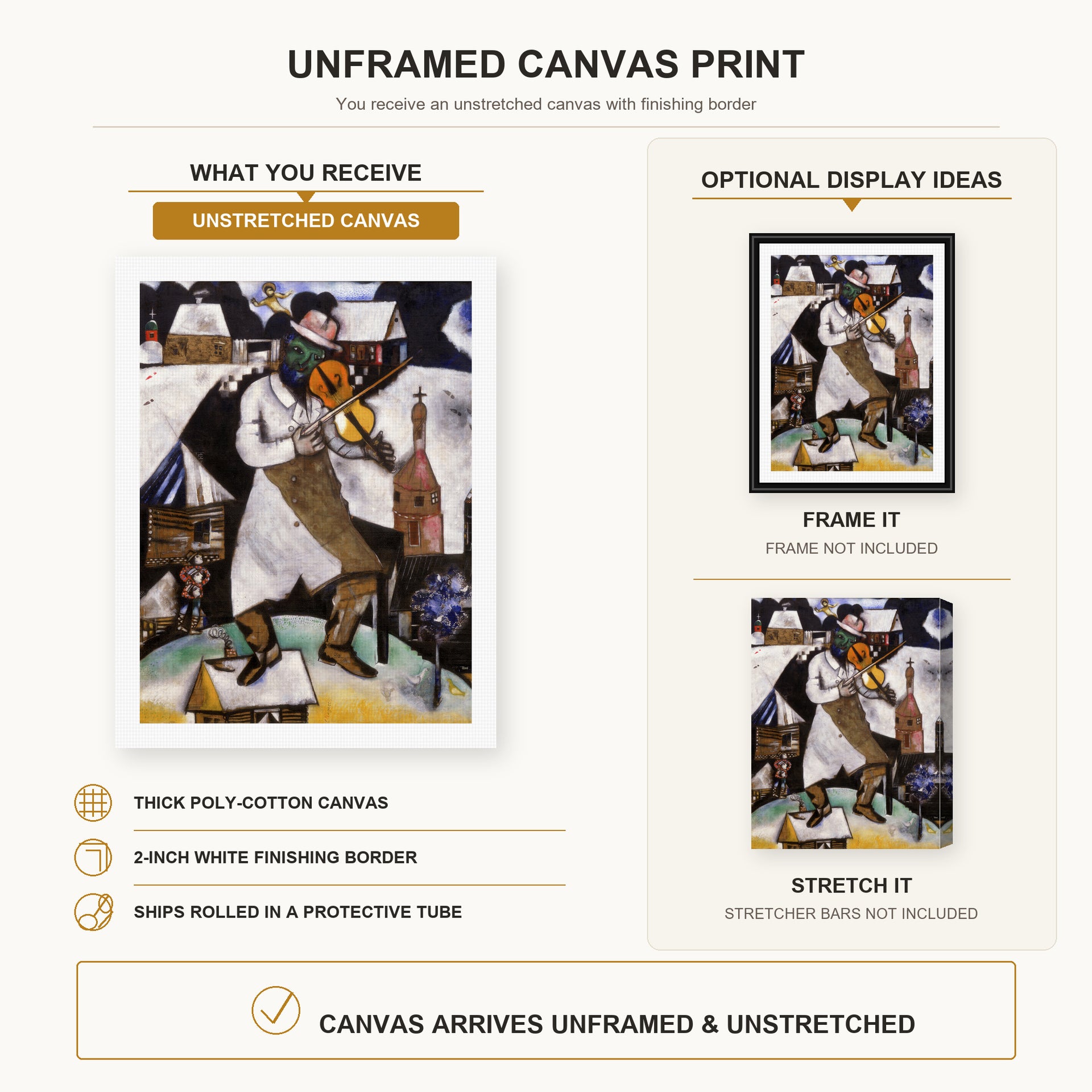 Marc Chagall - The Fiddler canvas print size comparison and framing display infographic