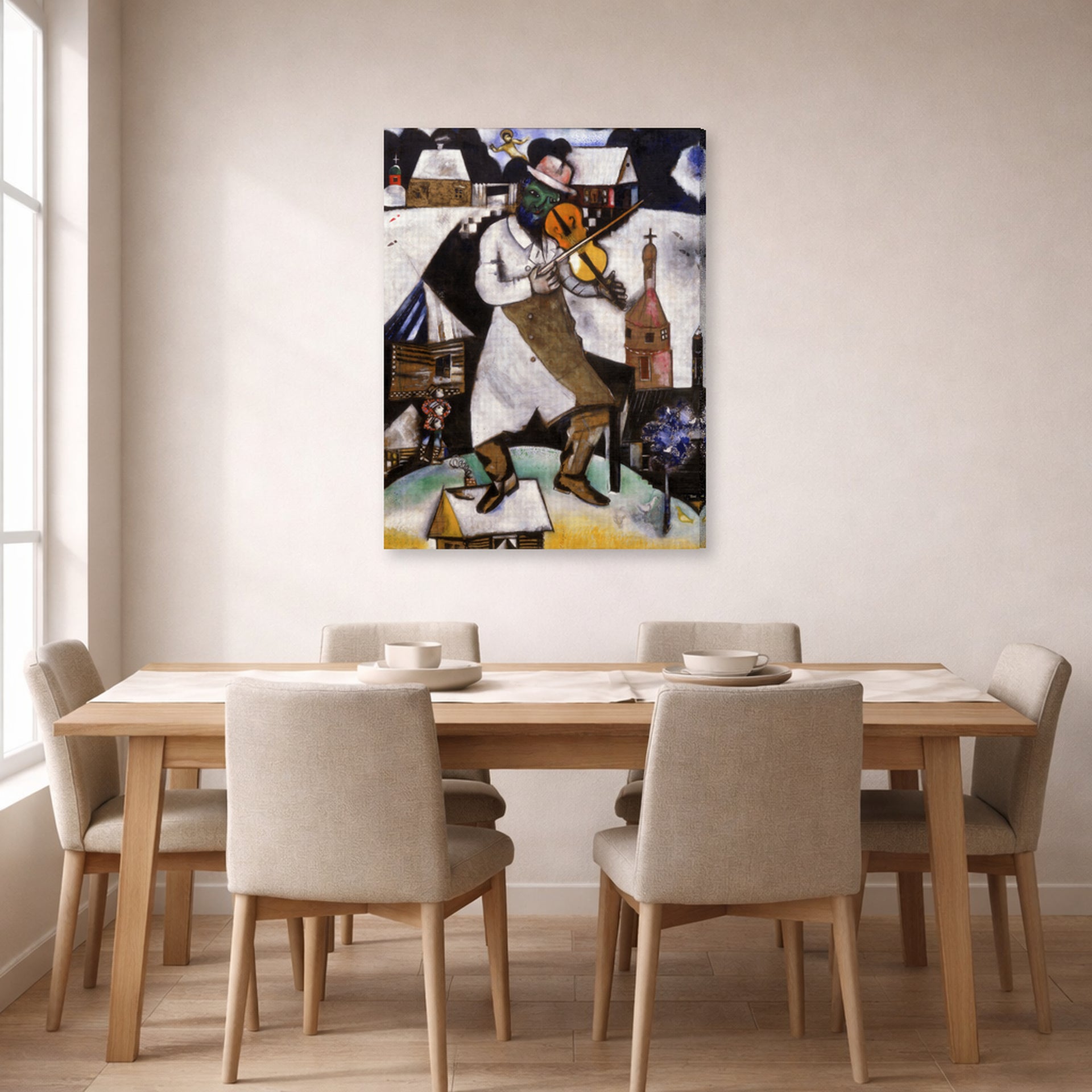 Gallery-wrapped canvas print of Marc Chagall's The Fiddler displayed on a wall in a dining room