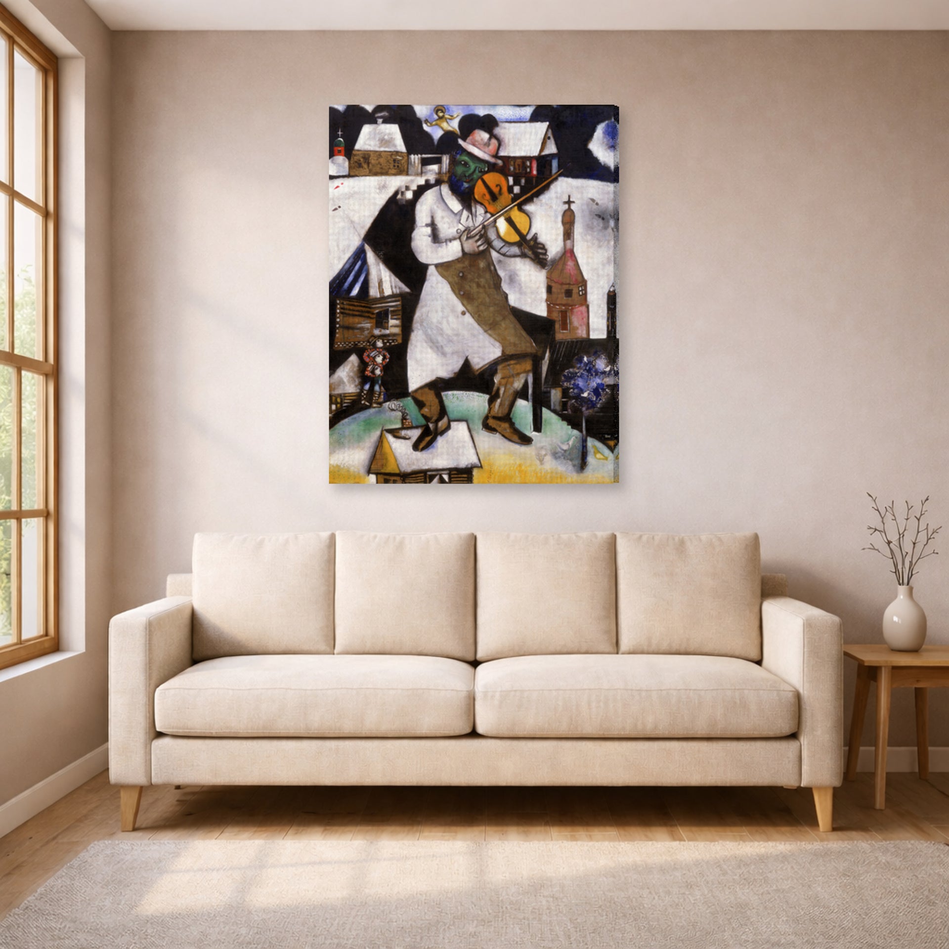 Gallery-wrapped canvas print of Marc Chagall's The Fiddler displayed on a wall in a living room