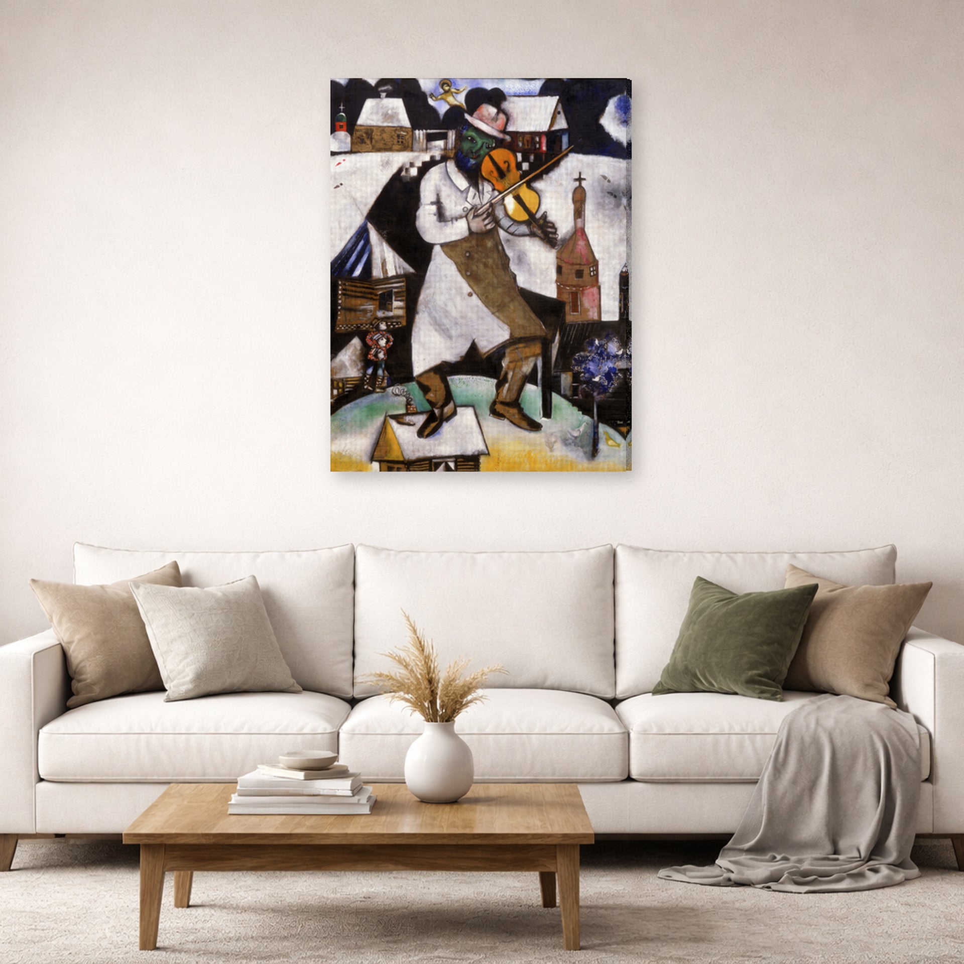 Gallery-wrapped canvas print of Marc Chagall's The Fiddler displayed on a wall in a living room