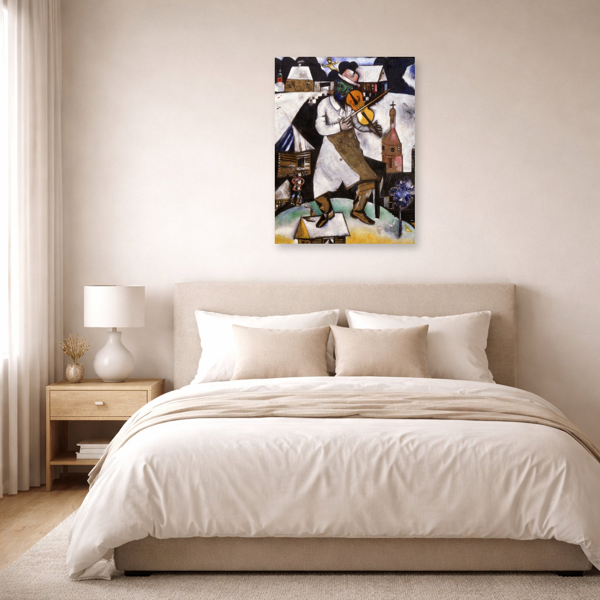 Unframed poster print of Marc Chagall's The Fiddler displayed on a wall in a bedroom