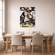 Unframed poster print of Marc Chagall's The Fiddler displayed on a wall in a dining room