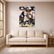 Unframed poster print of Marc Chagall's The Fiddler displayed on a wall in a living room