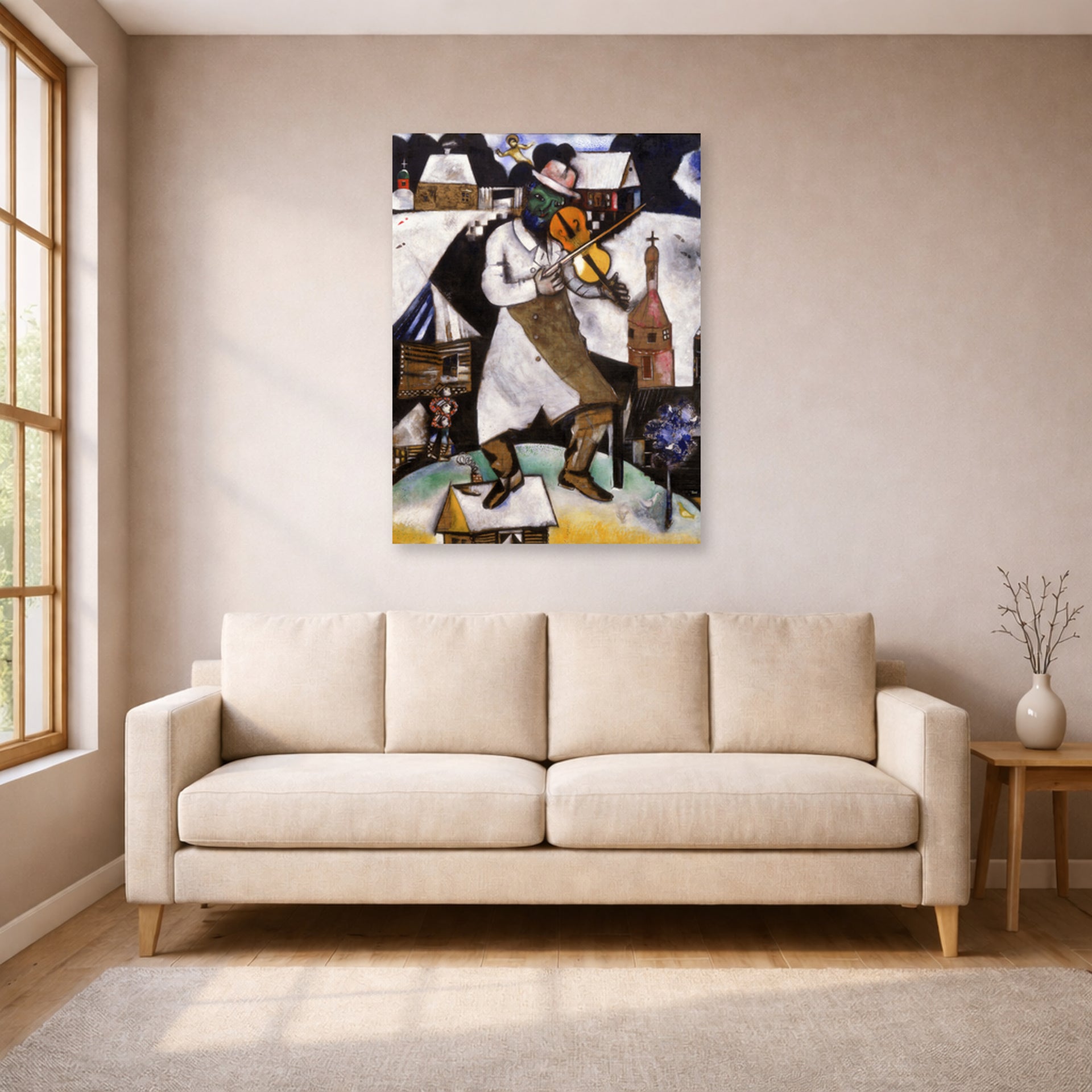 Unframed poster print of Marc Chagall's The Fiddler displayed on a wall in a living room