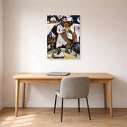 Unframed poster print of Marc Chagall's The Fiddler displayed on a wall in an office