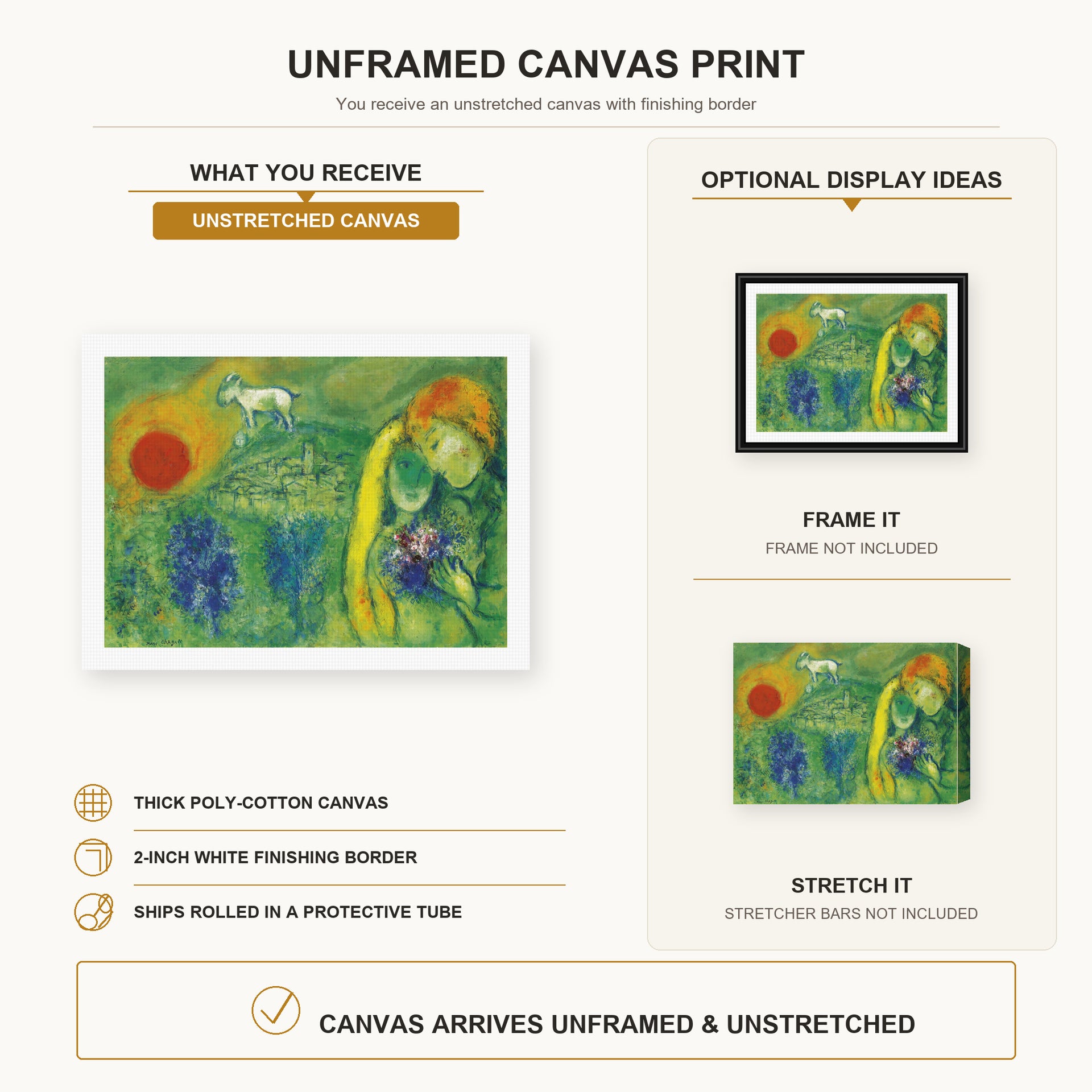 Marc Chagall - The Lovers of Vence canvas print size comparison and framing display infographic