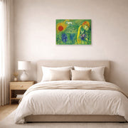 Gallery-wrapped canvas print of Marc Chagall's The Lovers of Vence displayed on a wall in a bedroom
