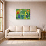 Gallery-wrapped canvas print of Marc Chagall's The Lovers of Vence displayed on a wall in a living room