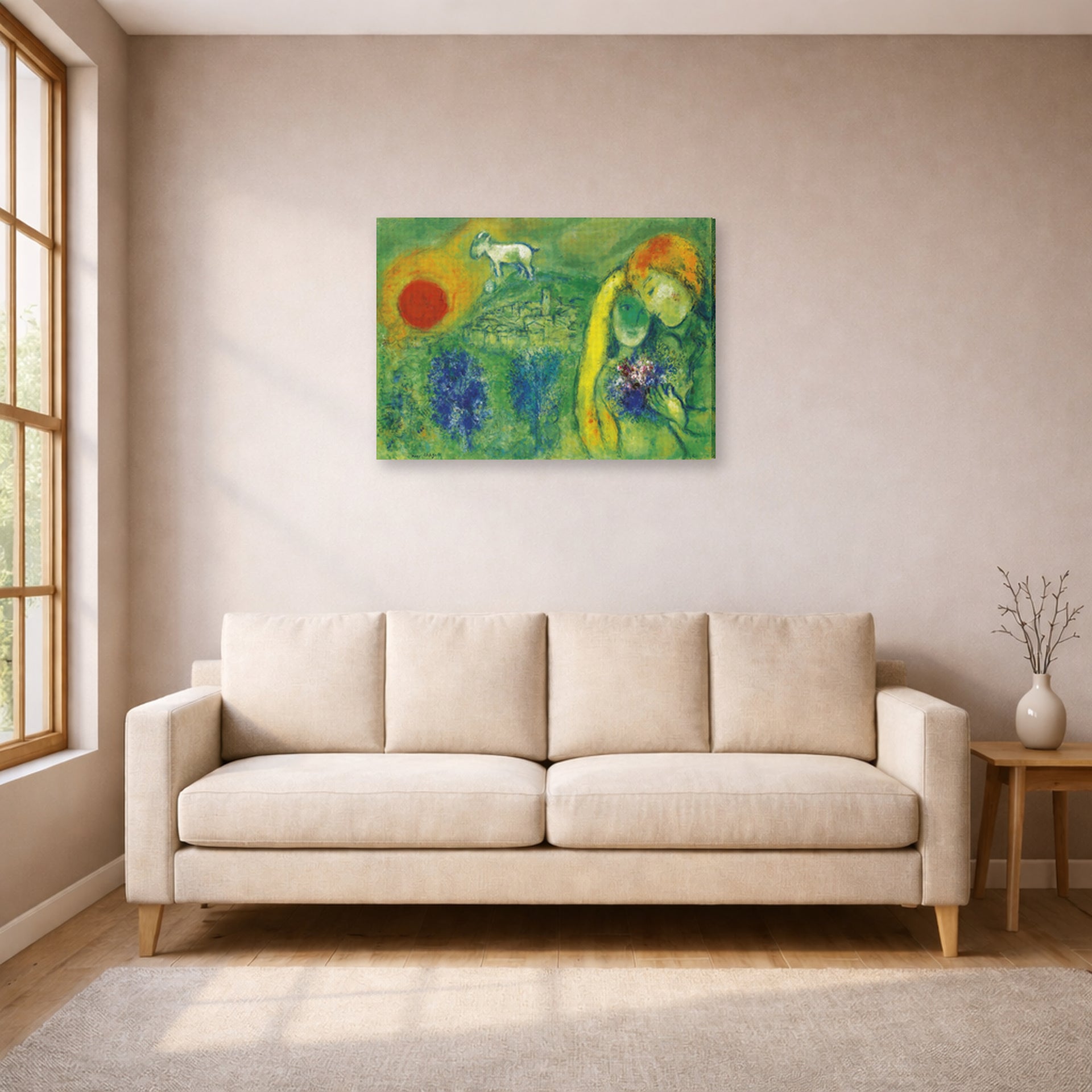 Gallery-wrapped canvas print of Marc Chagall's The Lovers of Vence displayed on a wall in a living room