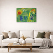Gallery-wrapped canvas print of Marc Chagall's The Lovers of Vence displayed on a wall in a living room