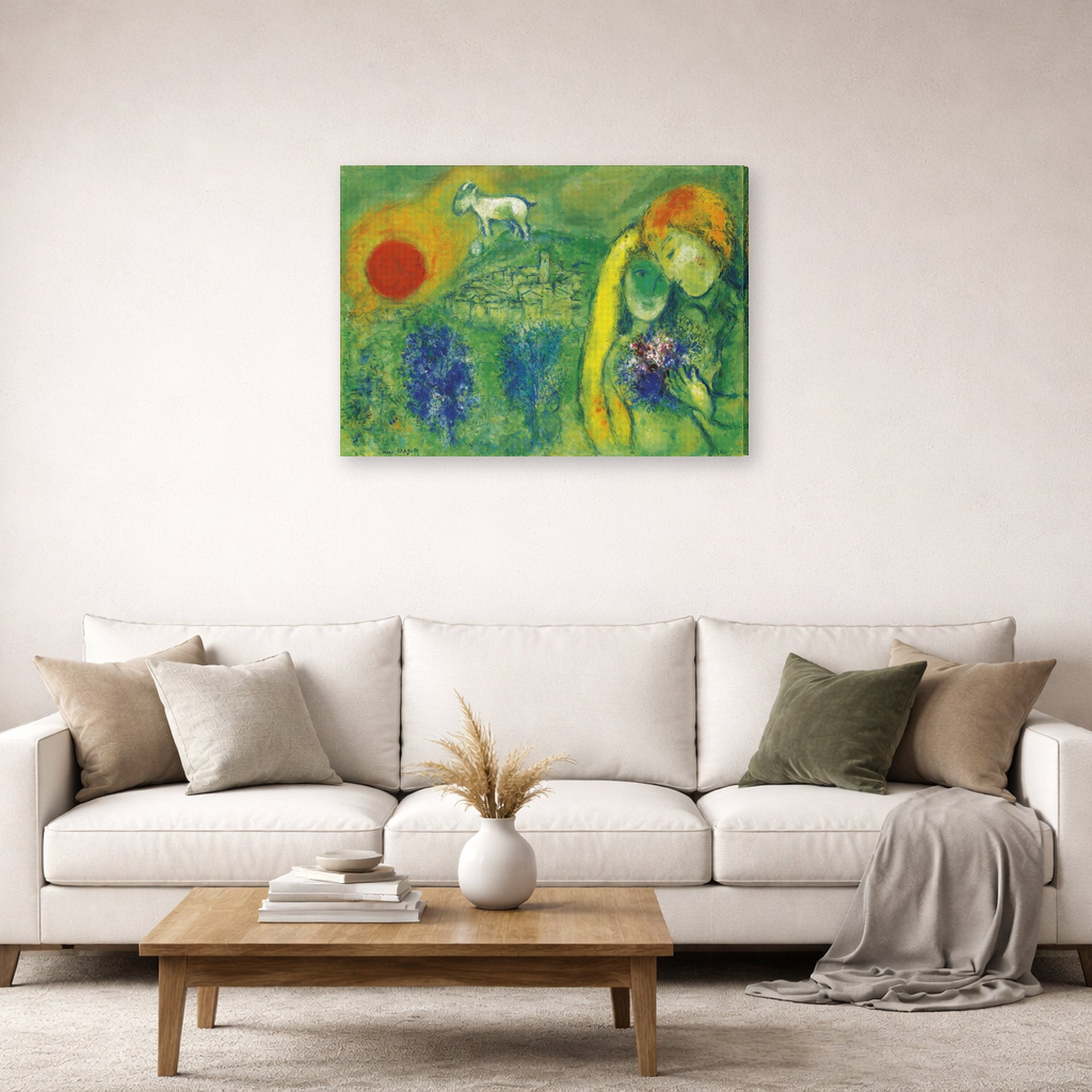 Gallery-wrapped canvas print of Marc Chagall's The Lovers of Vence displayed on a wall in a living room