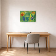 Gallery-wrapped canvas print of Marc Chagall's The Lovers of Vence displayed on a wall in an office