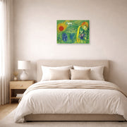 Unframed poster print of Marc Chagall's The Lovers of Vence displayed on a wall in a bedroom