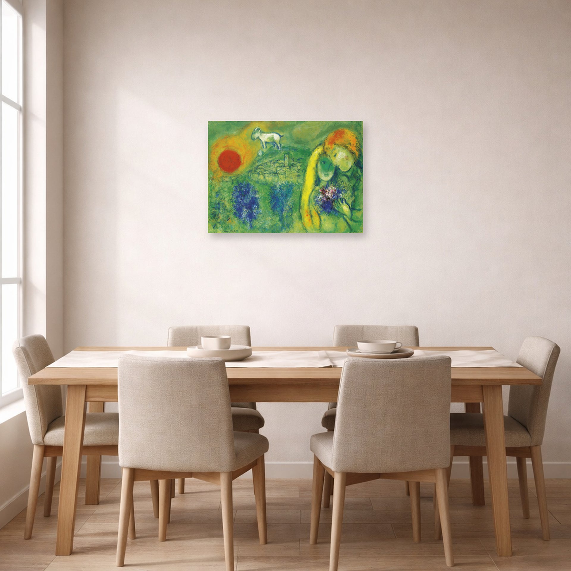 Unframed poster print of Marc Chagall's The Lovers of Vence displayed on a wall in a dining room