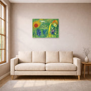 Unframed poster print of Marc Chagall's The Lovers of Vence displayed on a wall in a living room