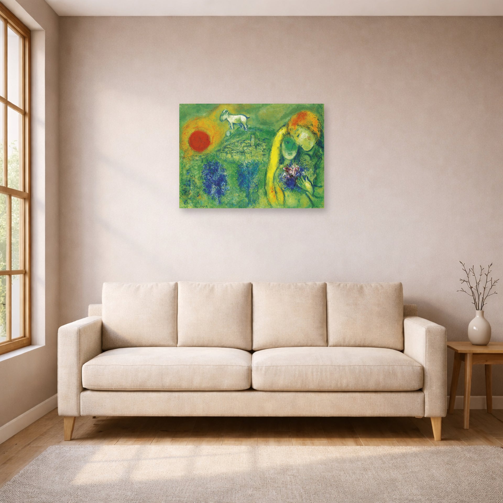 Unframed poster print of Marc Chagall's The Lovers of Vence displayed on a wall in a living room