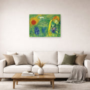 Unframed poster print of Marc Chagall's The Lovers of Vence displayed on a wall in a living room
