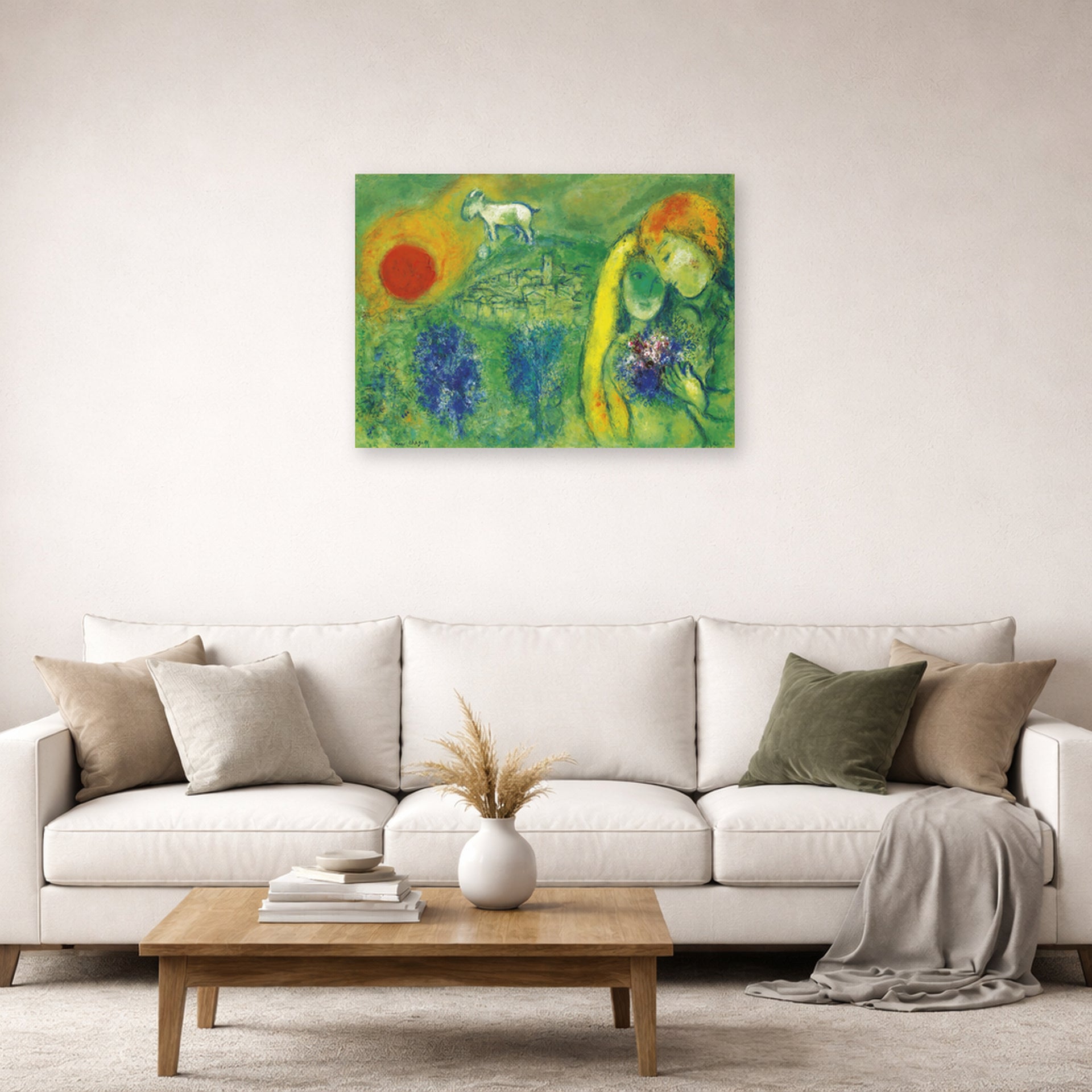 Unframed poster print of Marc Chagall's The Lovers of Vence displayed on a wall in a living room