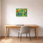 Unframed poster print of Marc Chagall's The Lovers of Vence displayed on a wall in an office