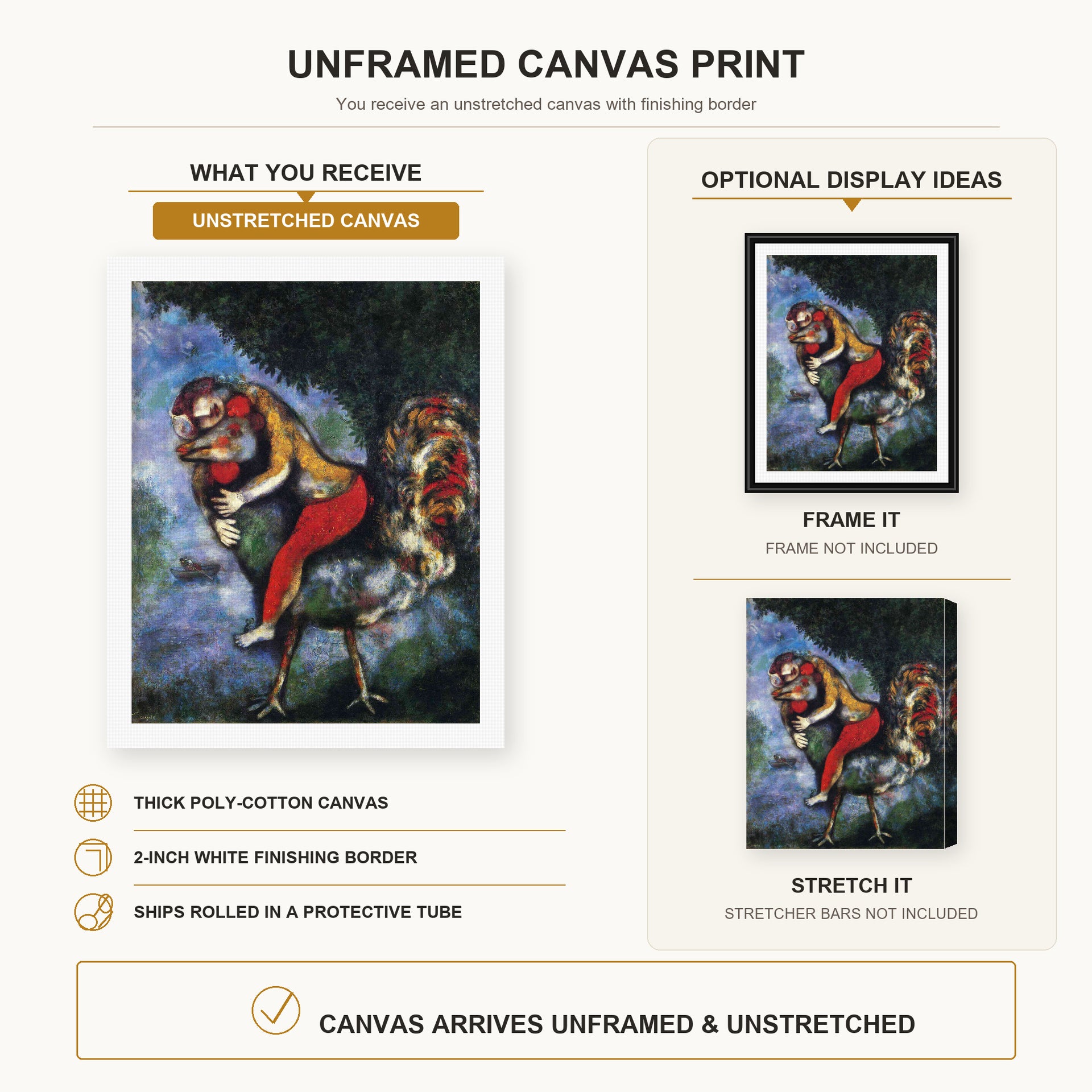 Marc Chagall - The Rooster canvas print size comparison and framing display infographic