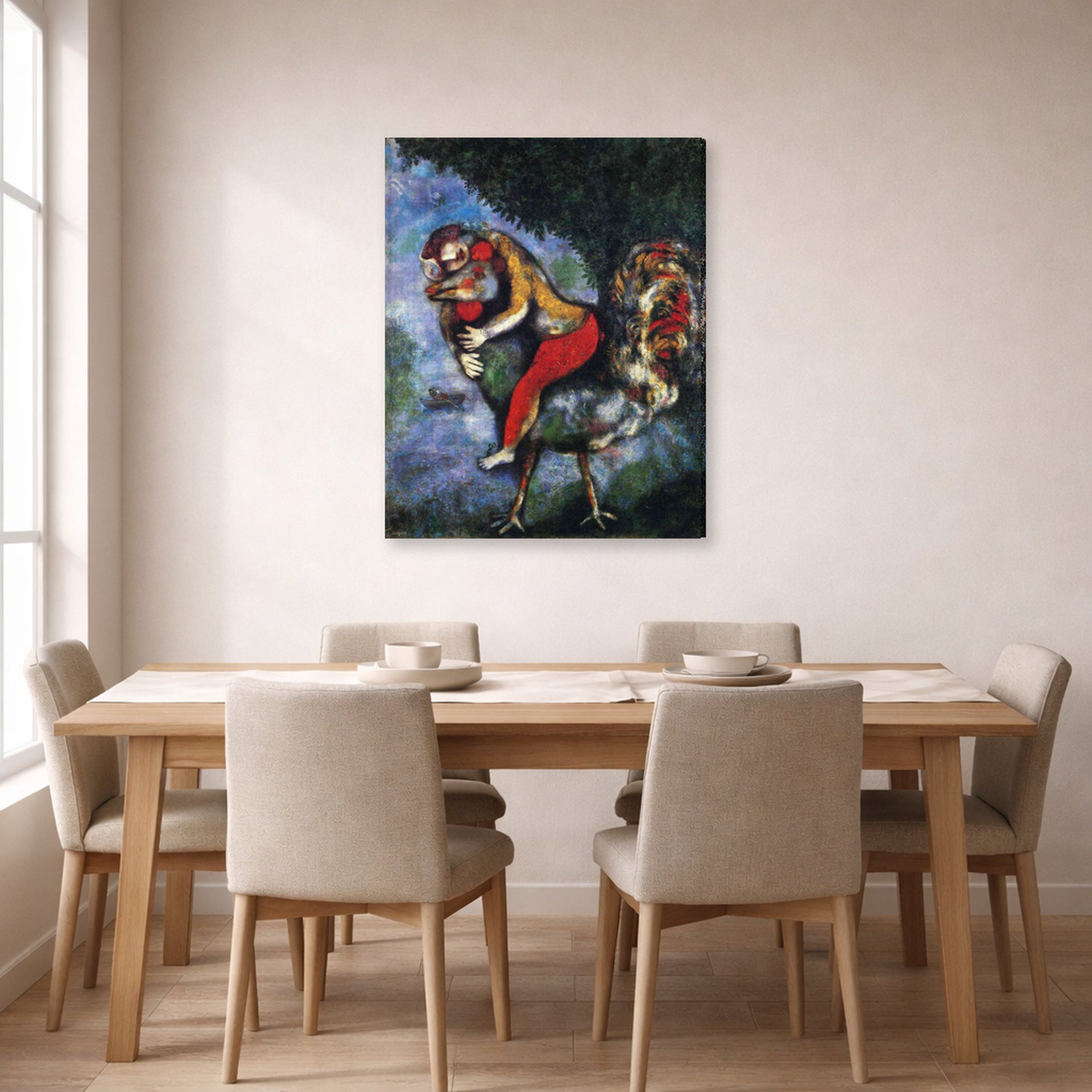 Gallery-wrapped canvas print of Marc Chagall's The Rooster displayed on a wall in a dining room