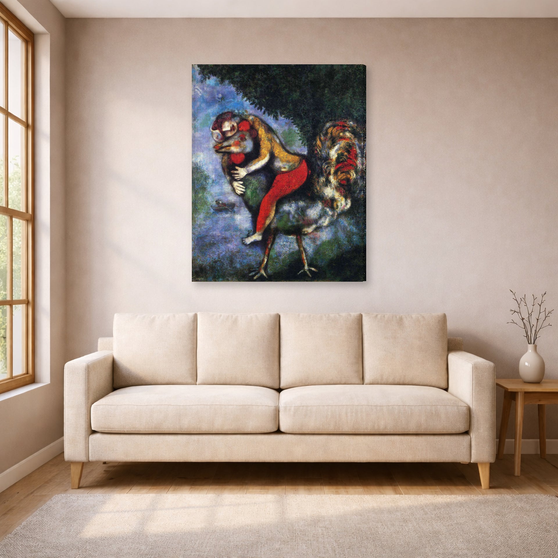 Gallery-wrapped canvas print of Marc Chagall's The Rooster displayed on a wall in a living room