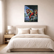 Unframed poster print of Marc Chagall's The Rooster displayed on a wall in a bedroom