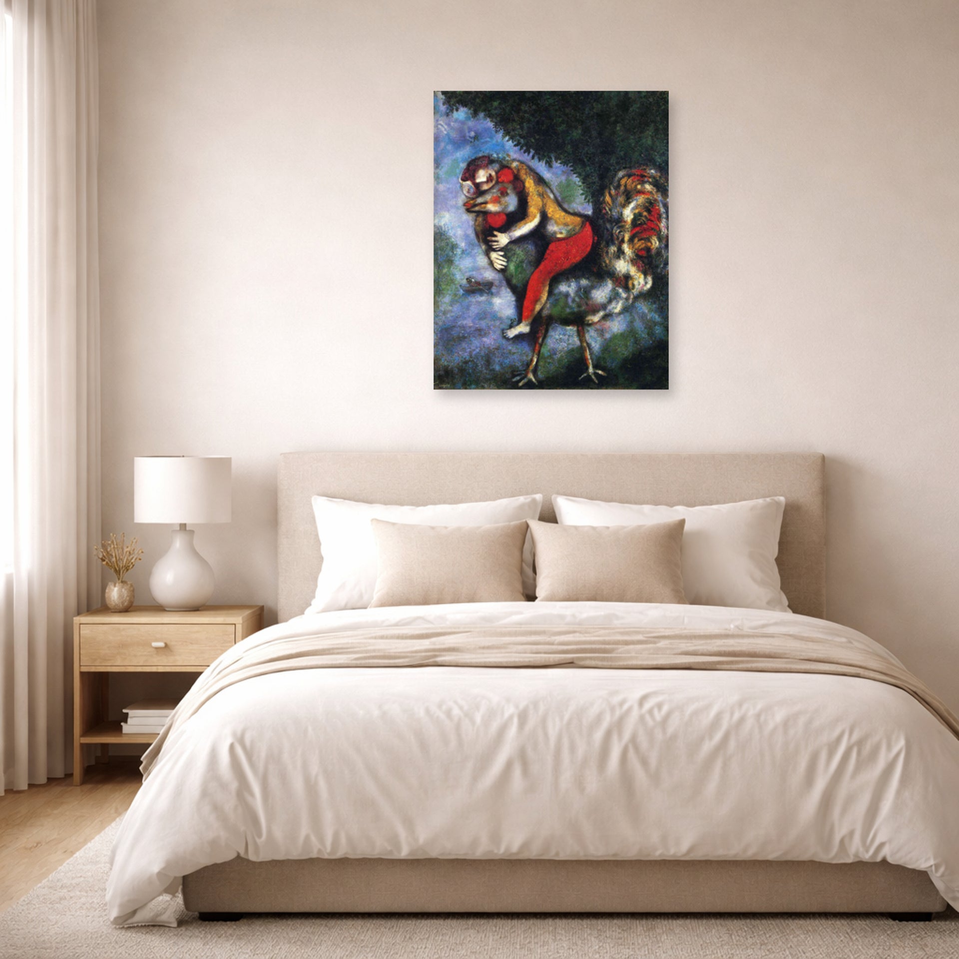 Unframed poster print of Marc Chagall's The Rooster displayed on a wall in a bedroom