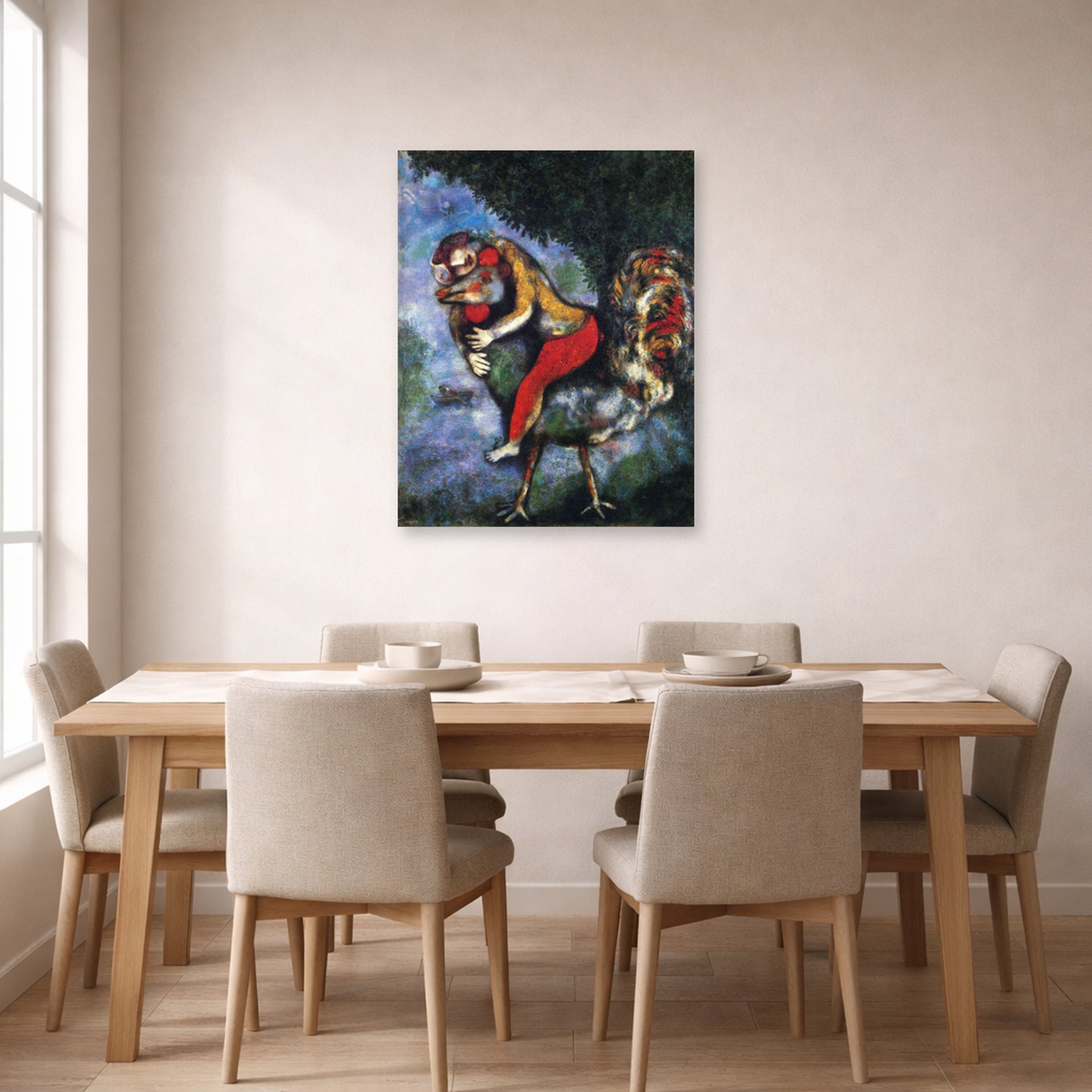 Unframed poster print of Marc Chagall's The Rooster displayed on a wall in a dining room