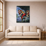 Unframed poster print of Marc Chagall's The Rooster displayed on a wall in a living room