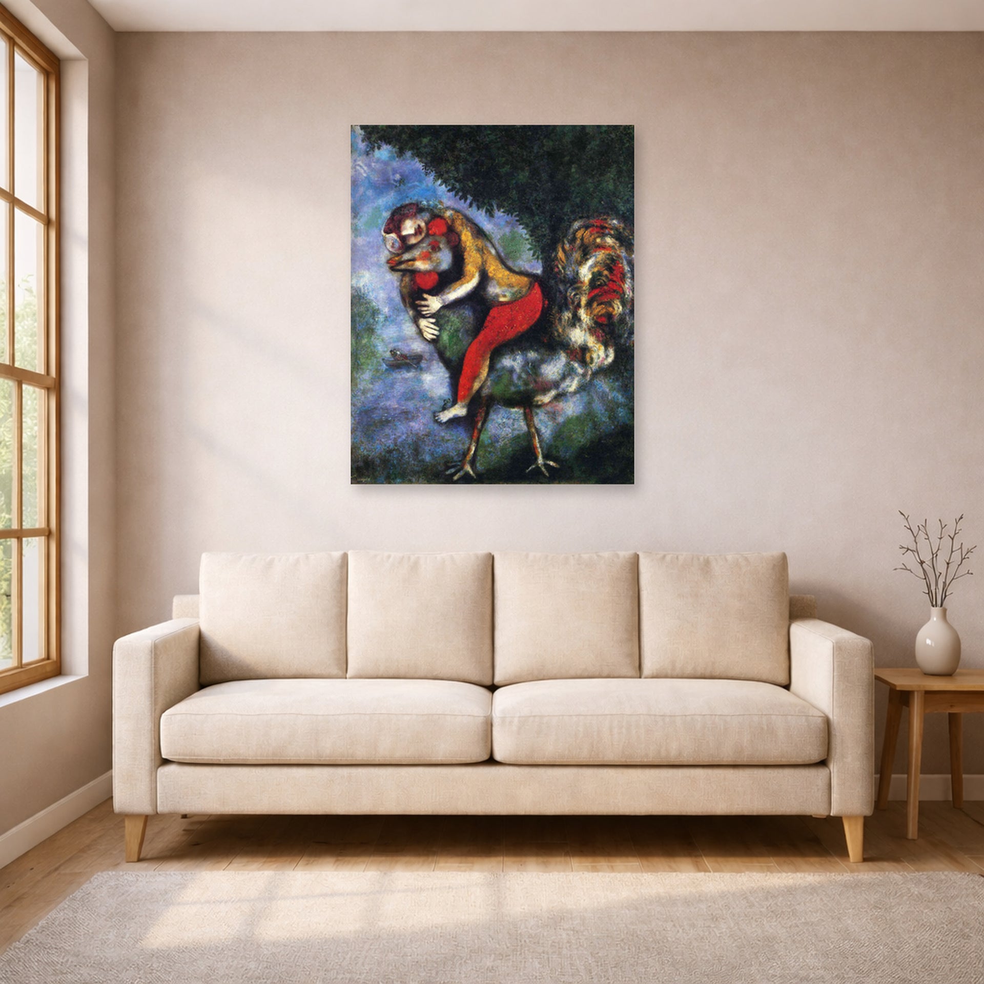 Unframed poster print of Marc Chagall's The Rooster displayed on a wall in a living room