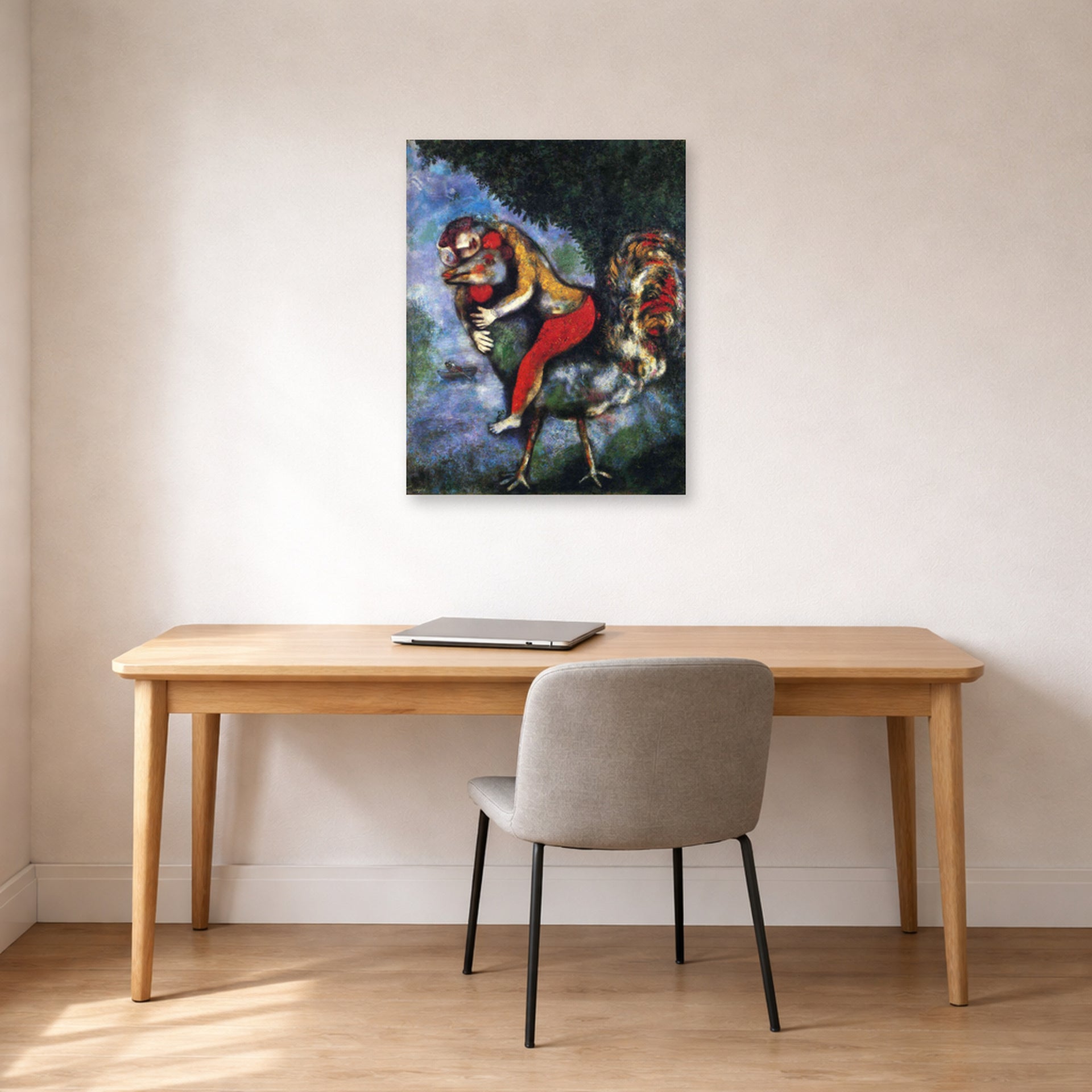 Unframed poster print of Marc Chagall's The Rooster displayed on a wall in an office