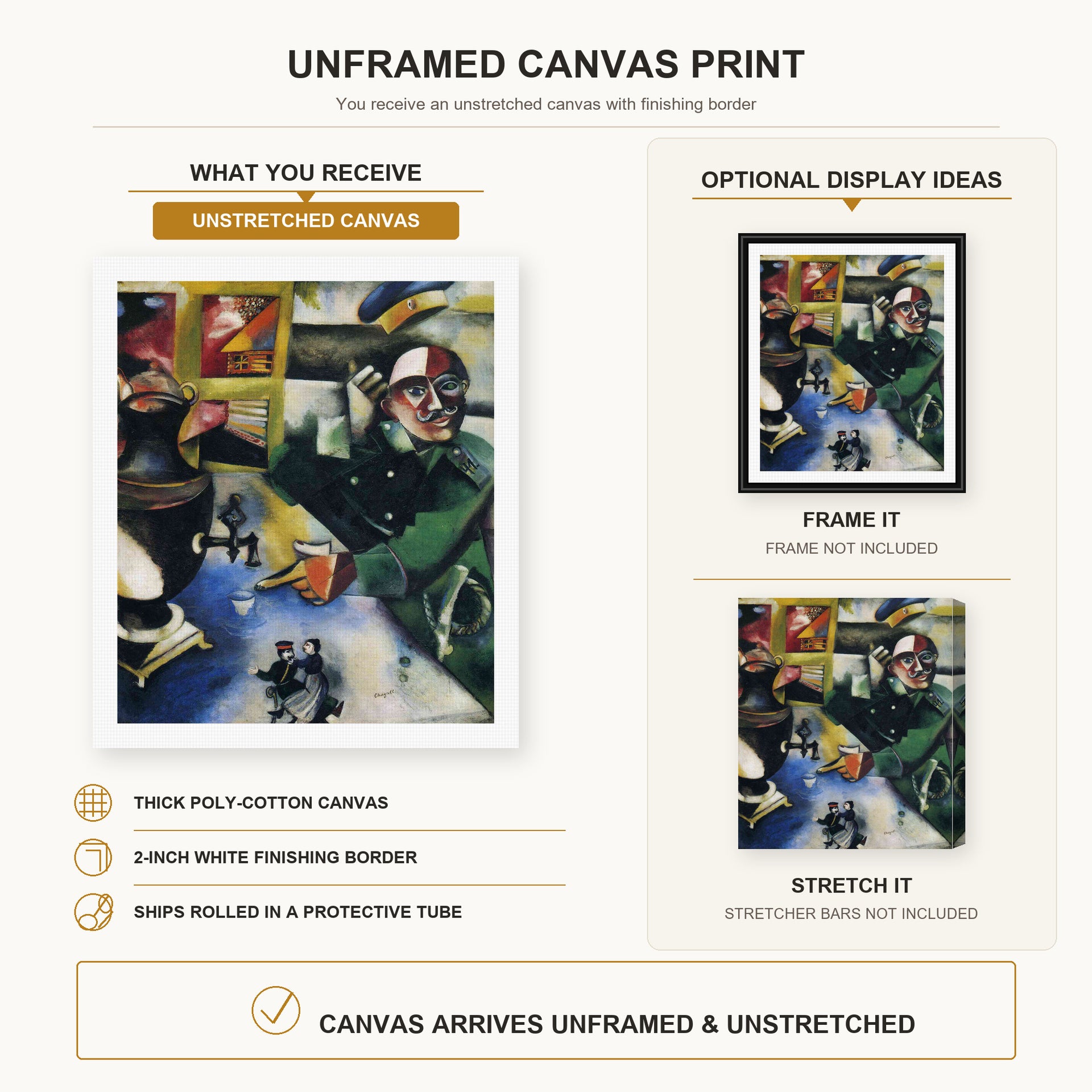 Marc Chagall - The Soldier Drinks canvas print size comparison and framing display infographic